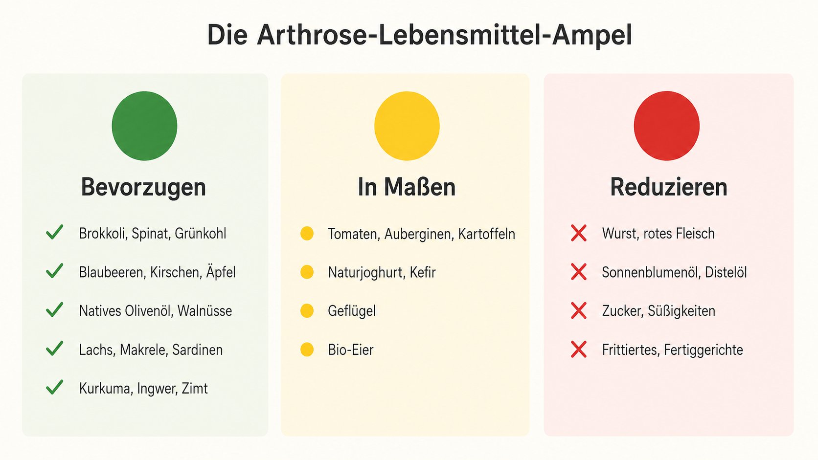 Die Arthrose-Lebensmittel-Ampel: Was bevorzugen, was in Maßen, was reduzieren