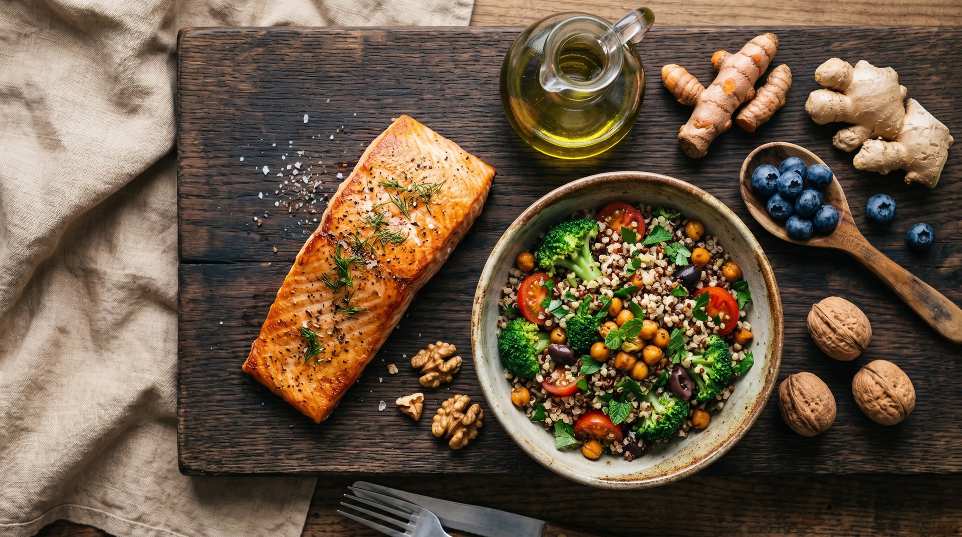 Anti-entzündlicher Teller bei Arthrose: Lachs, Quinoa-Salat mit Brokkoli und Kichererbsen, Olivenöl, Kurkuma und Blaubeeren